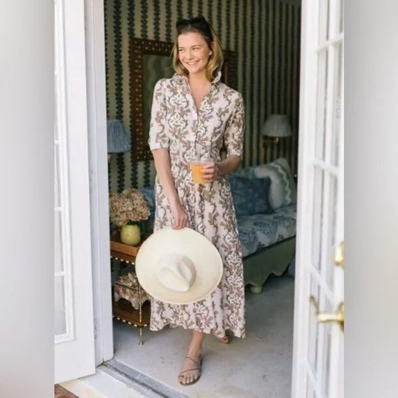 JULIA AMORY Sz L Large Coco Jardin Brown
Green floral button down Shirt Dress - Picture 1 of 7